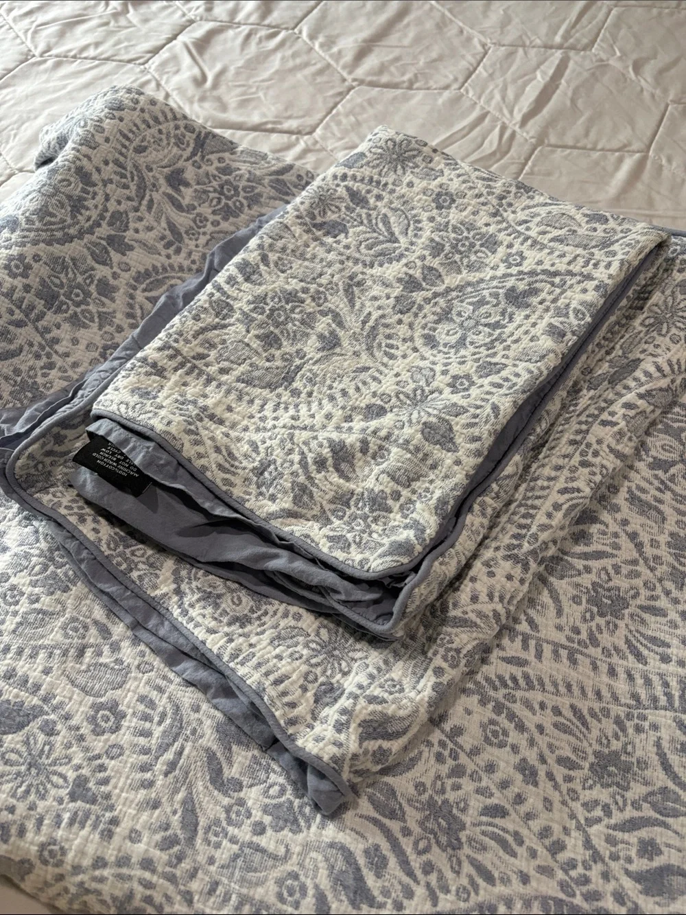 Tahari Slate Blue & Cream Paisley Quilted Coverlet